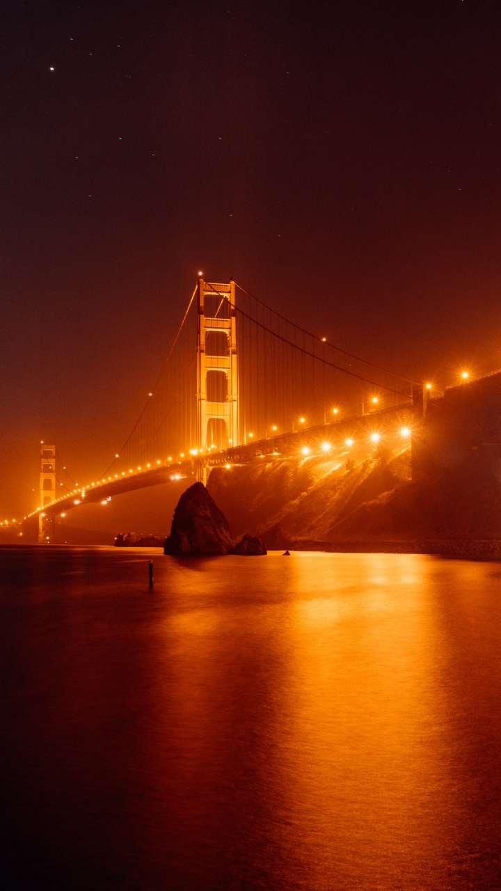 Nacht, Golden Gate Bridge, Wasser, Atmosphäre, Bernstein. Wallpaper in 720x1280 Resolution