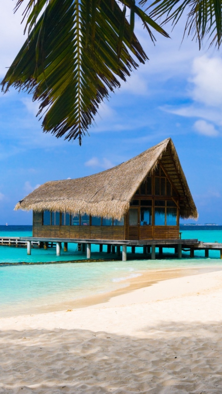 Maison en Bois Brune Sur la Plage de Sable Blanc Pendant la Journée. Wallpaper in 720x1280 Resolution