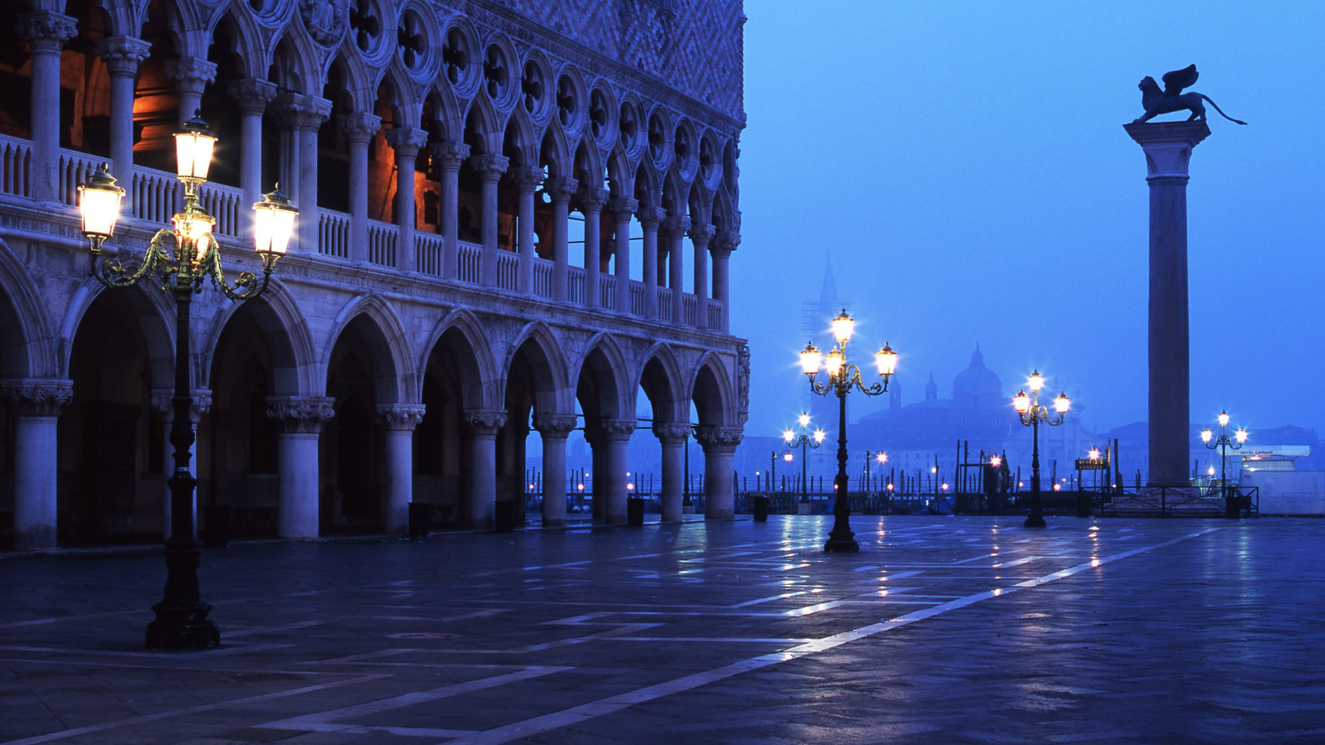 Piazza San Marco, 教堂的圣乔治教堂, 里程碑, 路灯, 光 壁纸 1920x1080 允许