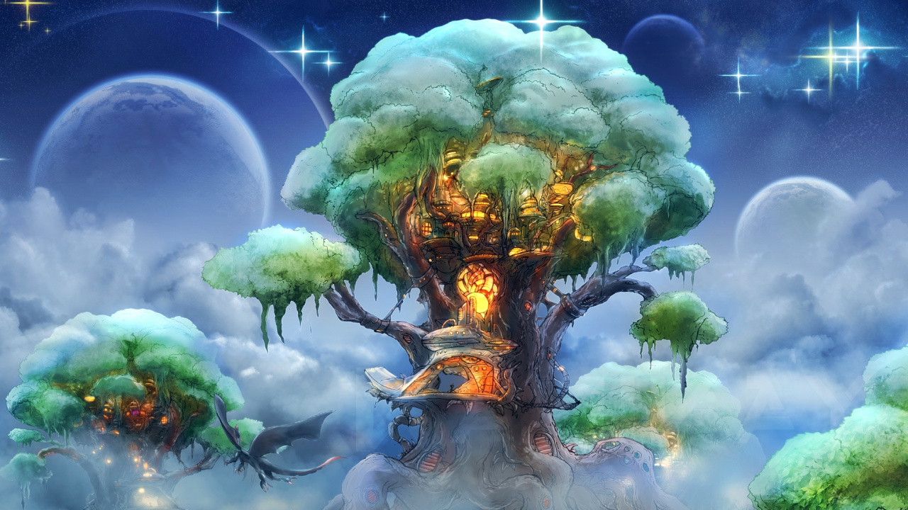 Green and Brown Tree With White Clouds Painting. Wallpaper in 1280x720 Resolution