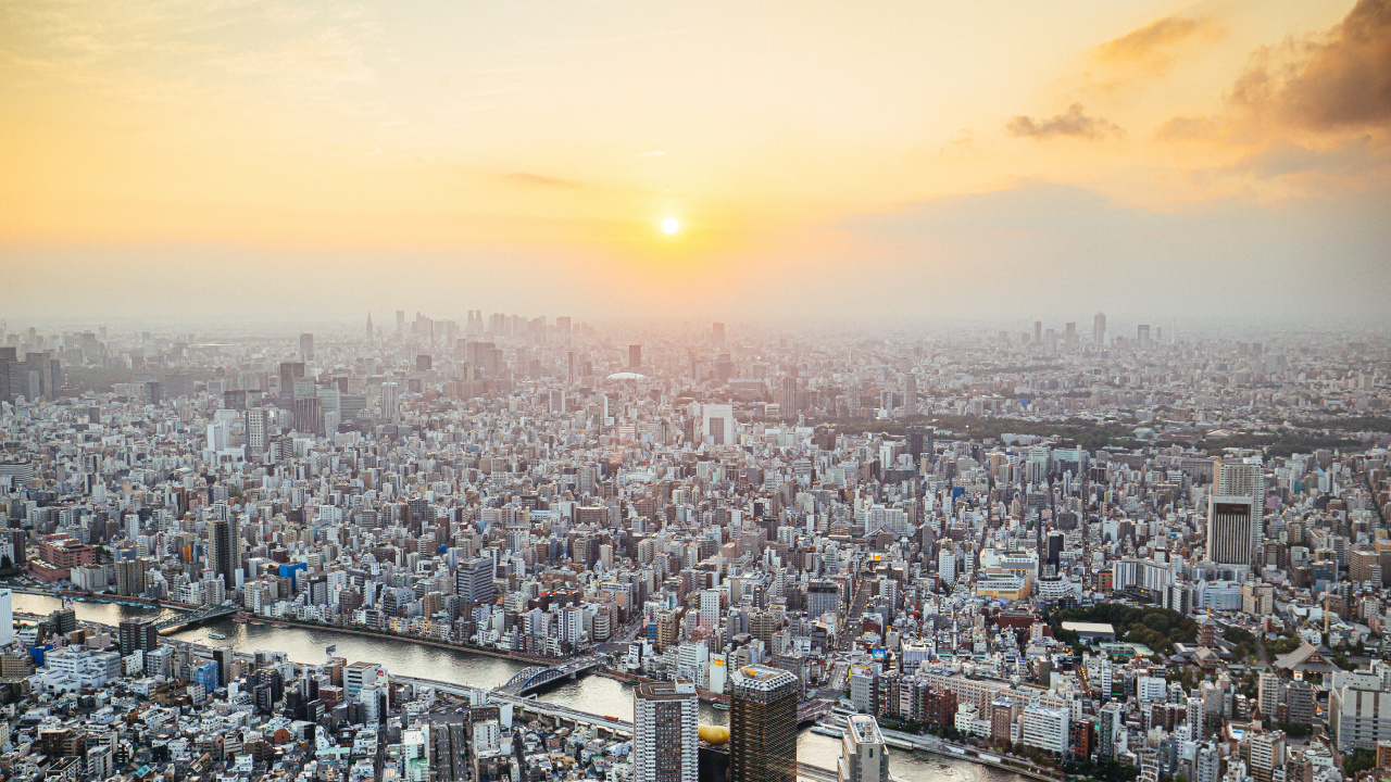 Aerial View of City Buildings During Sunset. Wallpaper in 1280x720 Resolution
