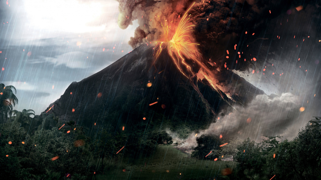 Green Grass Field With Red Smoke. Wallpaper in 1366x768 Resolution