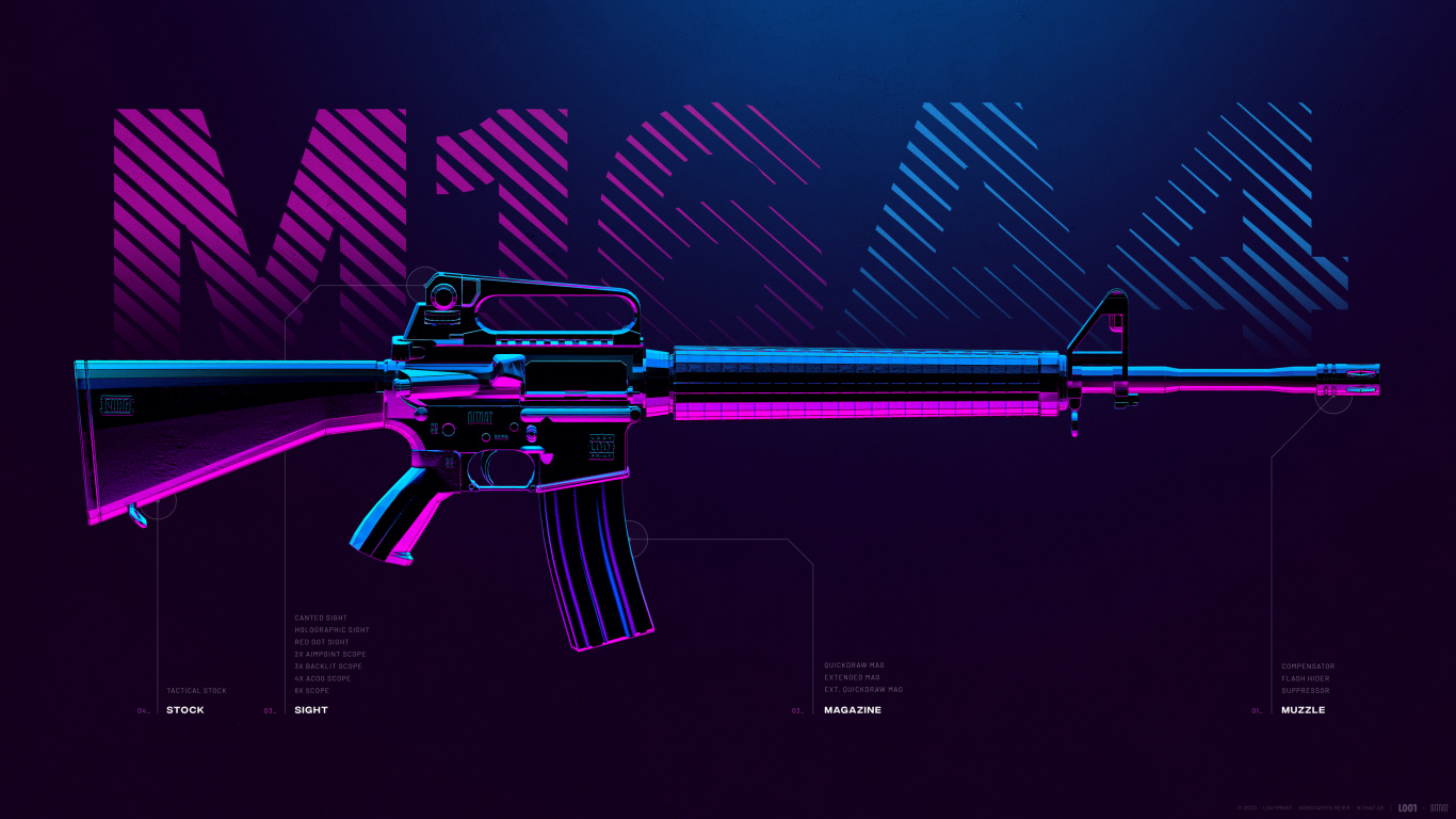 PUBG, PLAYERUNKNOWN'S BATTLEGROUNDS, Pistola Pubg, Rifle M16, Morado. Wallpaper in 1366x768 Resolution