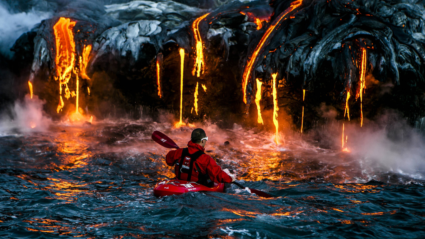 Man in Blue Jacket Riding Red Kayak on Body of Water During Daytime. Wallpaper in 1366x768 Resolution