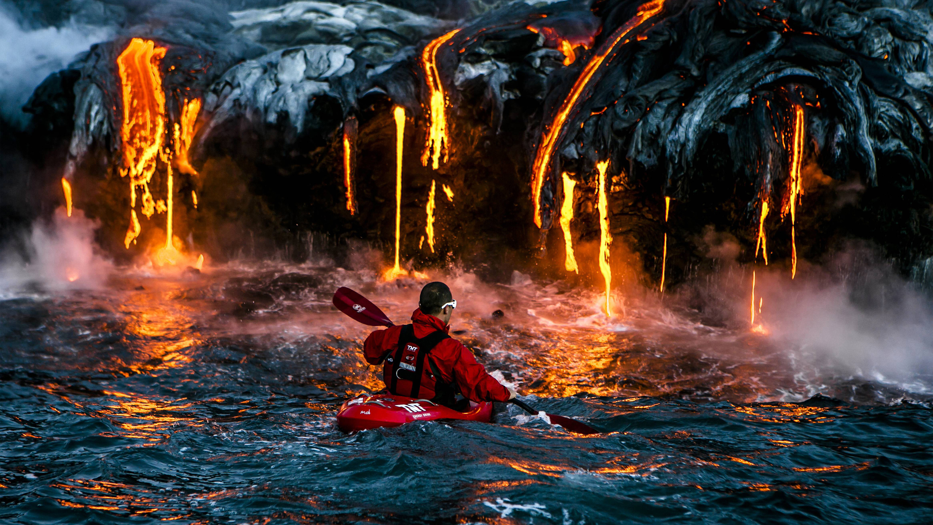 Man in Blue Jacket Riding Red Kayak on Body of Water During Daytime. Wallpaper in 3840x2160 Resolution