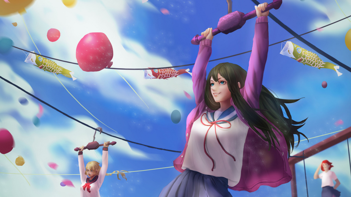 Niña en Vestido Rosa Sosteniendo Globos. Wallpaper in 1366x768 Resolution