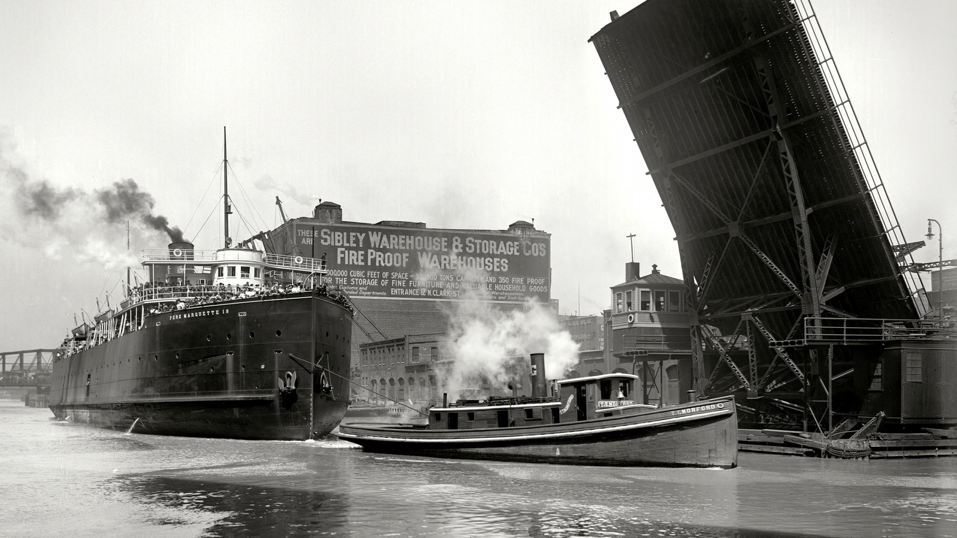 Photo en Niveaux de Gris D'un Navire en Mer. Wallpaper in 1920x1080 Resolution
