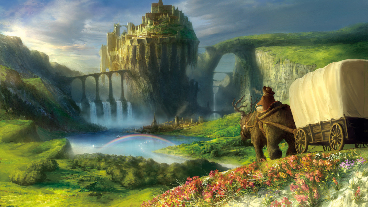 Man in Brown Robe Sitting on Rock Near River Painting. Wallpaper in 1280x720 Resolution