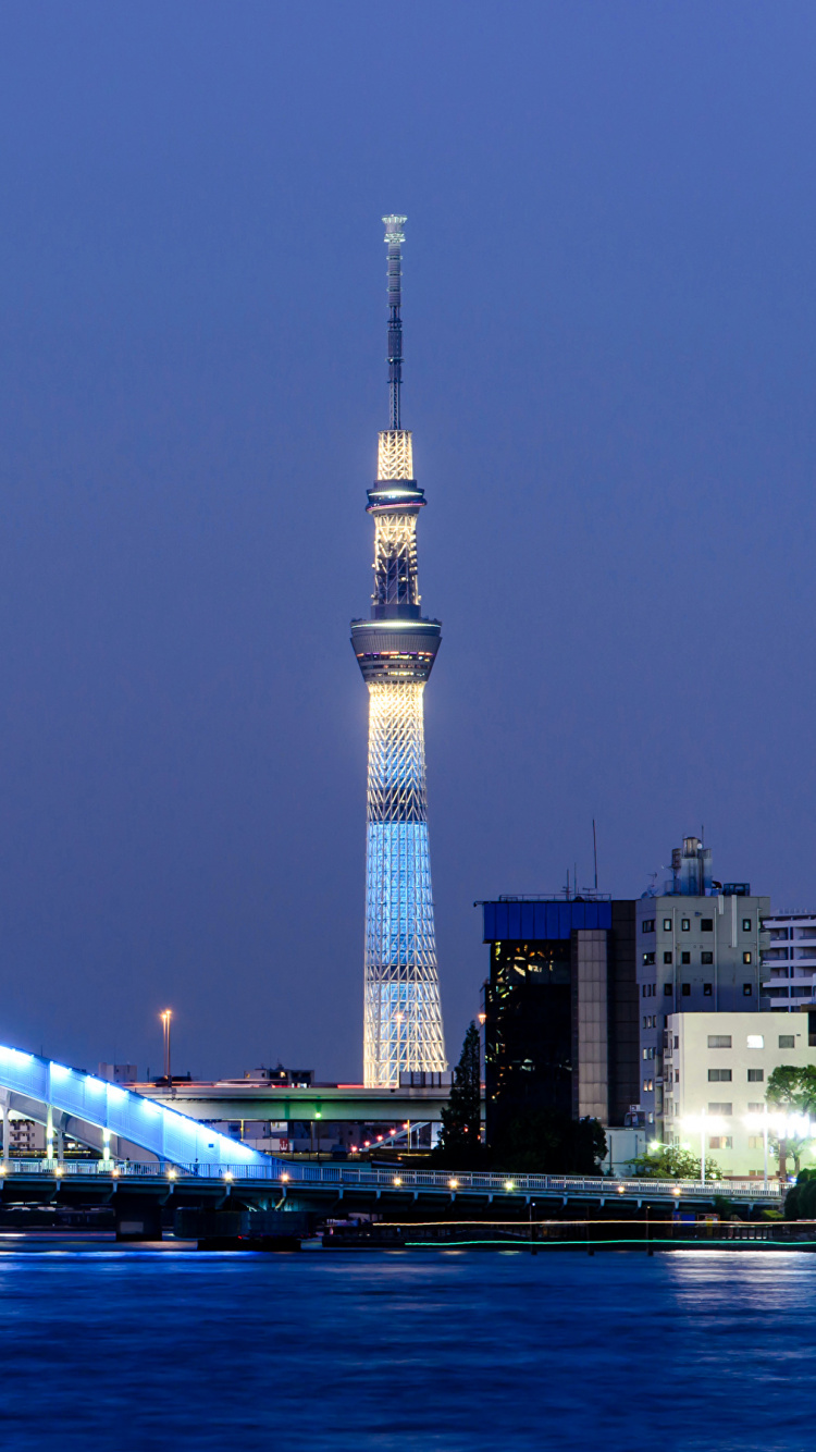 Pont Éclairé Près Des Bâtiments de la Ville Pendant la Nuit. Wallpaper in 750x1334 Resolution
