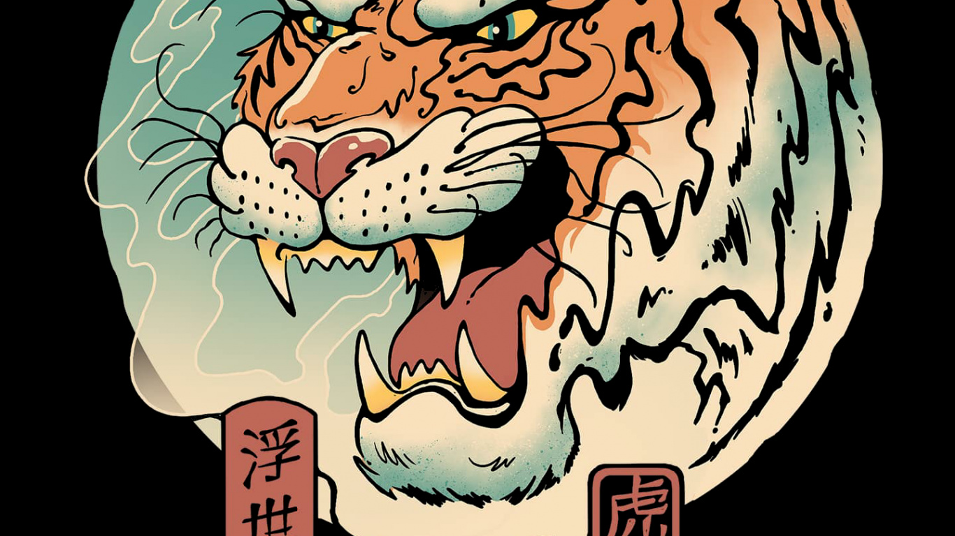 Tigre Ukiyo e, Camiseta, La Gran Ola de Kanagawa, Tigre, Ukiyo-e. Wallpaper in 1366x768 Resolution