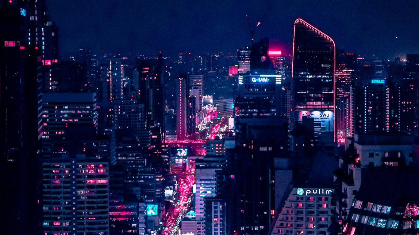 City With High Rise Buildings During Night Time. Wallpaper in 1366x768 Resolution