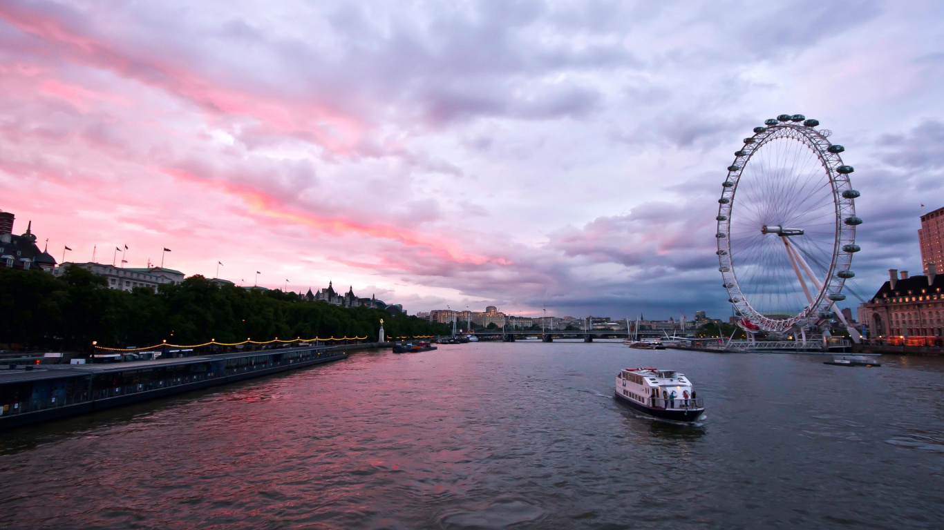 White Boat on Water Near Bridge Under Cloudy Sky During Daytime. Wallpaper in 1366x768 Resolution