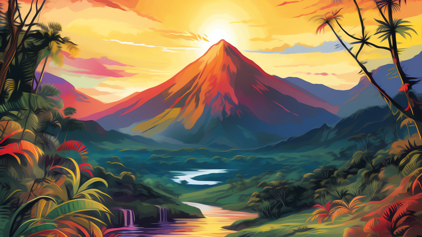Sunlight, Painting, Visual Arts, Drawing, Mountain. Wallpaper in 1366x768 Resolution