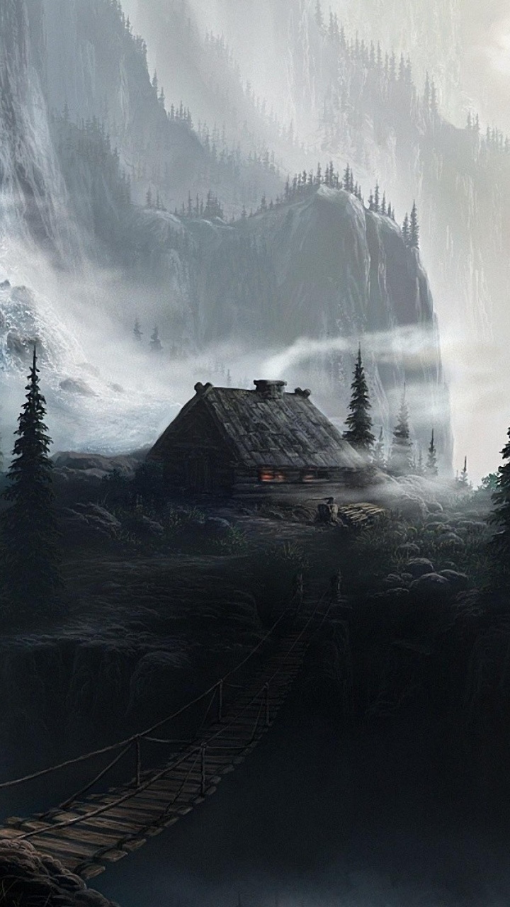 Maison en Bois Brune au Sommet de la Colline. Wallpaper in 720x1280 Resolution