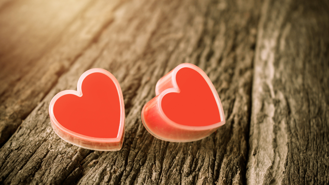 2 Red Heart on Gray Wooden Surface. Wallpaper in 1366x768 Resolution