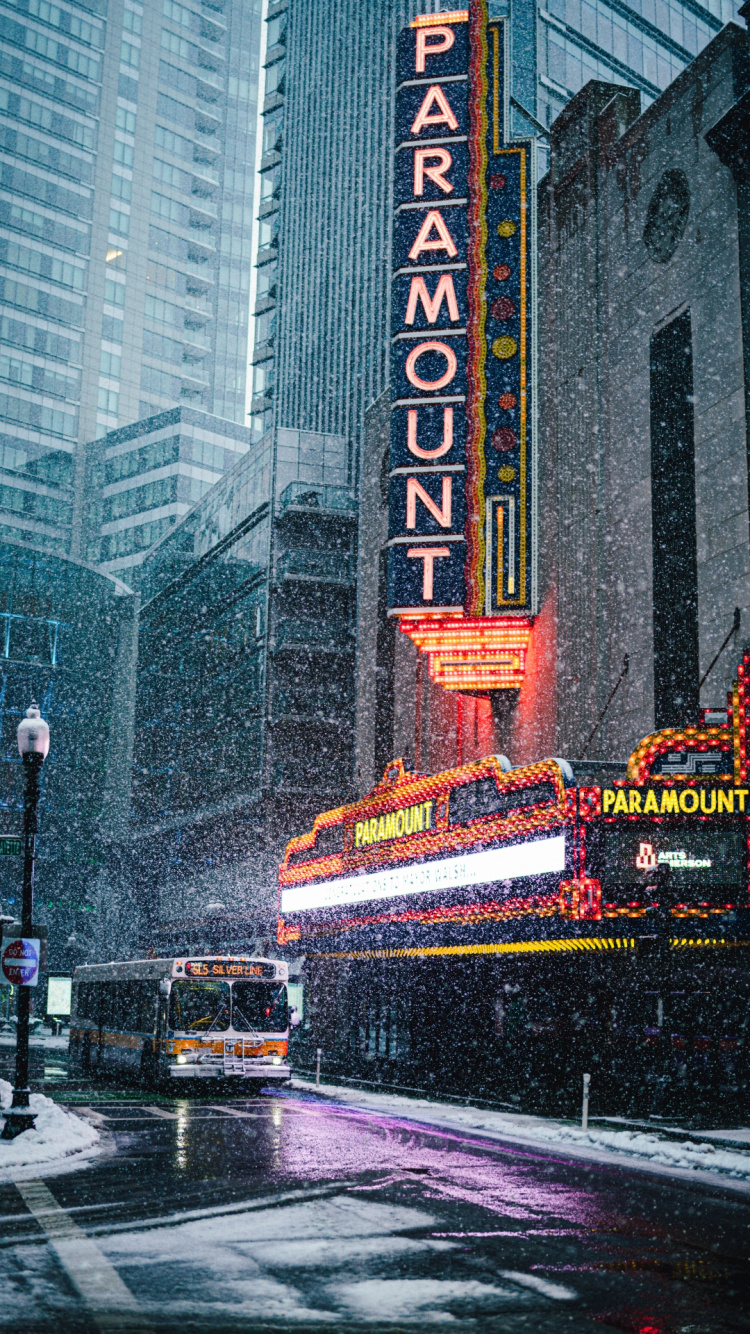 Paramount Theatre, Building, Skyscraper, Bus, Automotive Lighting. Wallpaper in 750x1334 Resolution