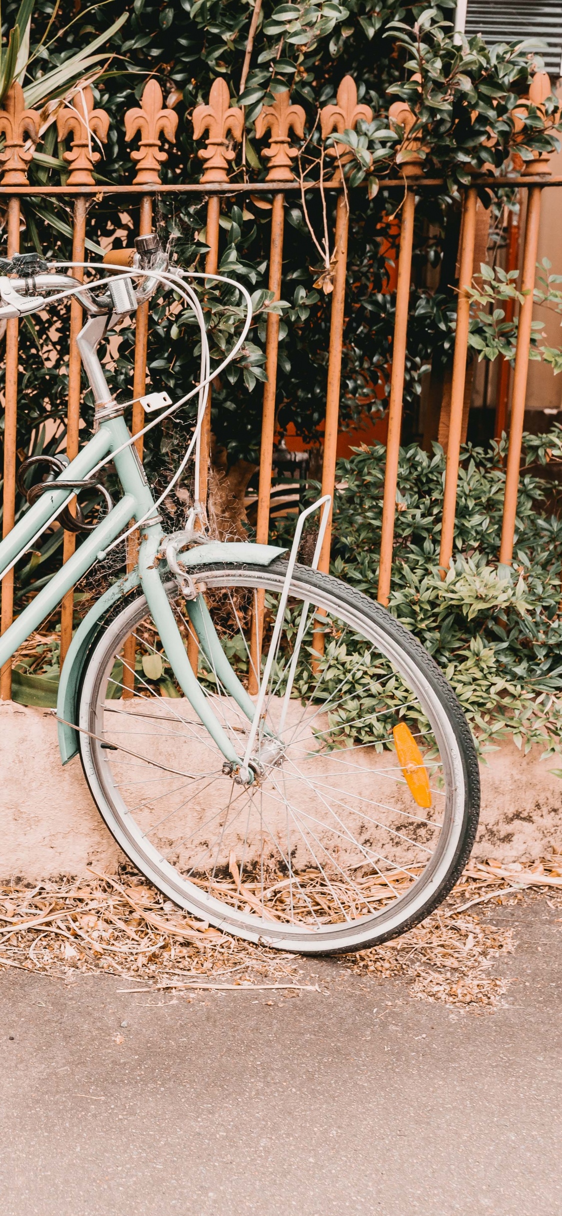 White City Bike Beside Fence. Wallpaper in 1125x2436 Resolution