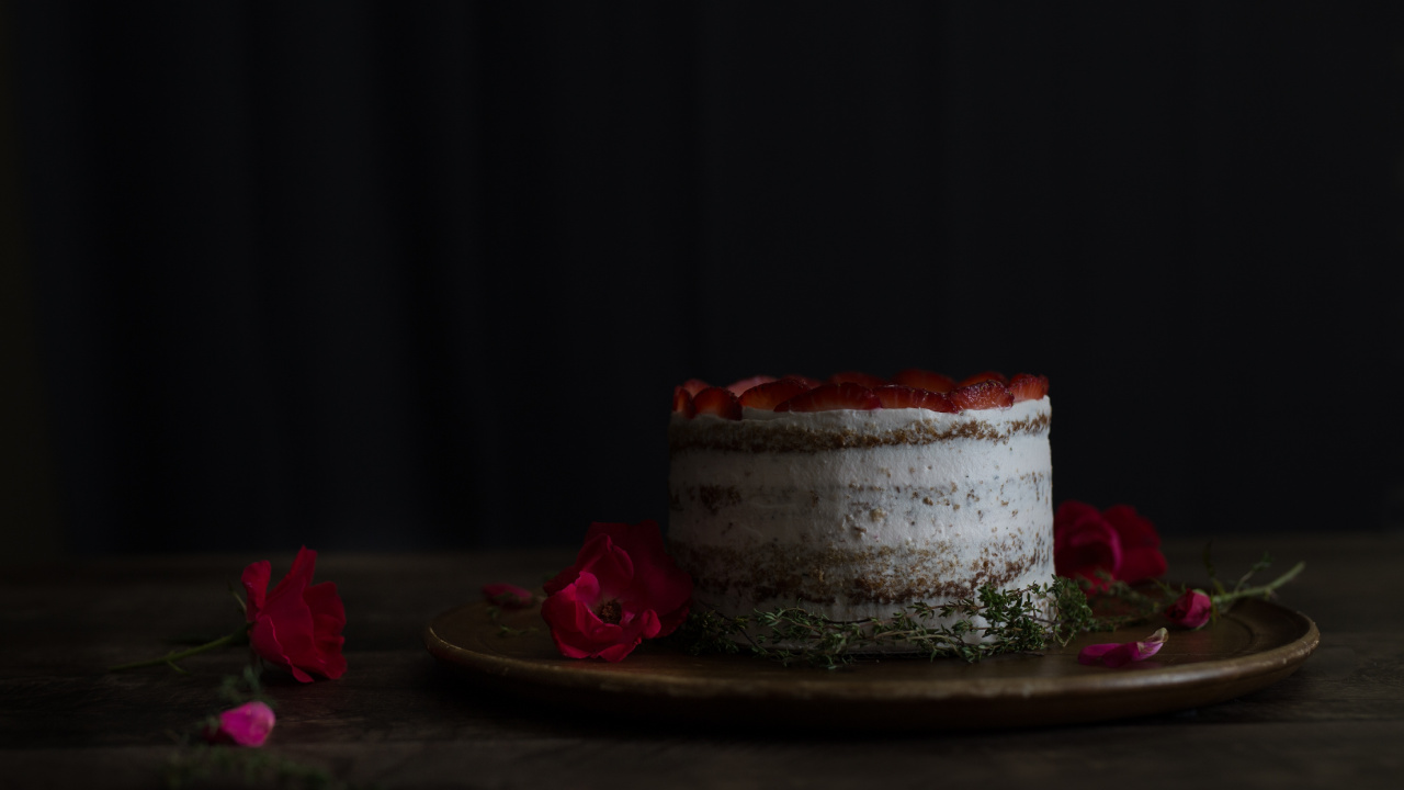 White and Red Cake on Brown Wooden Table. Wallpaper in 1280x720 Resolution