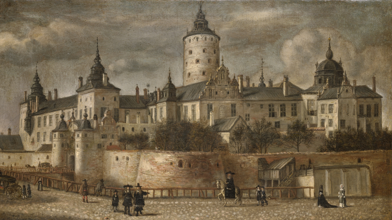 People Standing Near Castle Painting. Wallpaper in 1366x768 Resolution