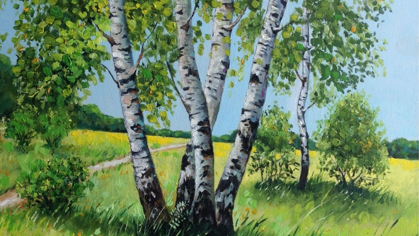 Birch, 水彩画, 木本植物, 草, 显花植物 壁纸 1366x768 允许