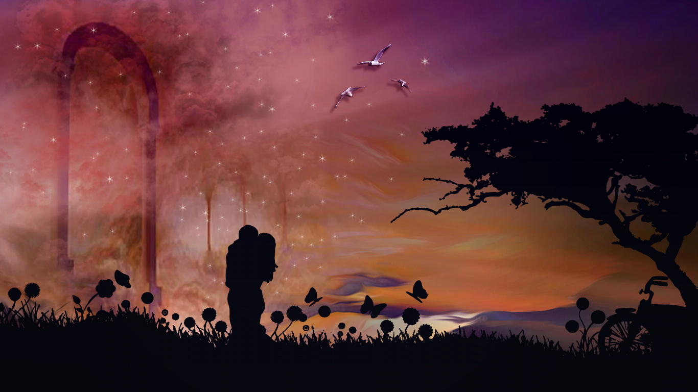 Romance, Kiss, Couple, Silhouette, Atmosphere. Wallpaper in 1366x768 Resolution