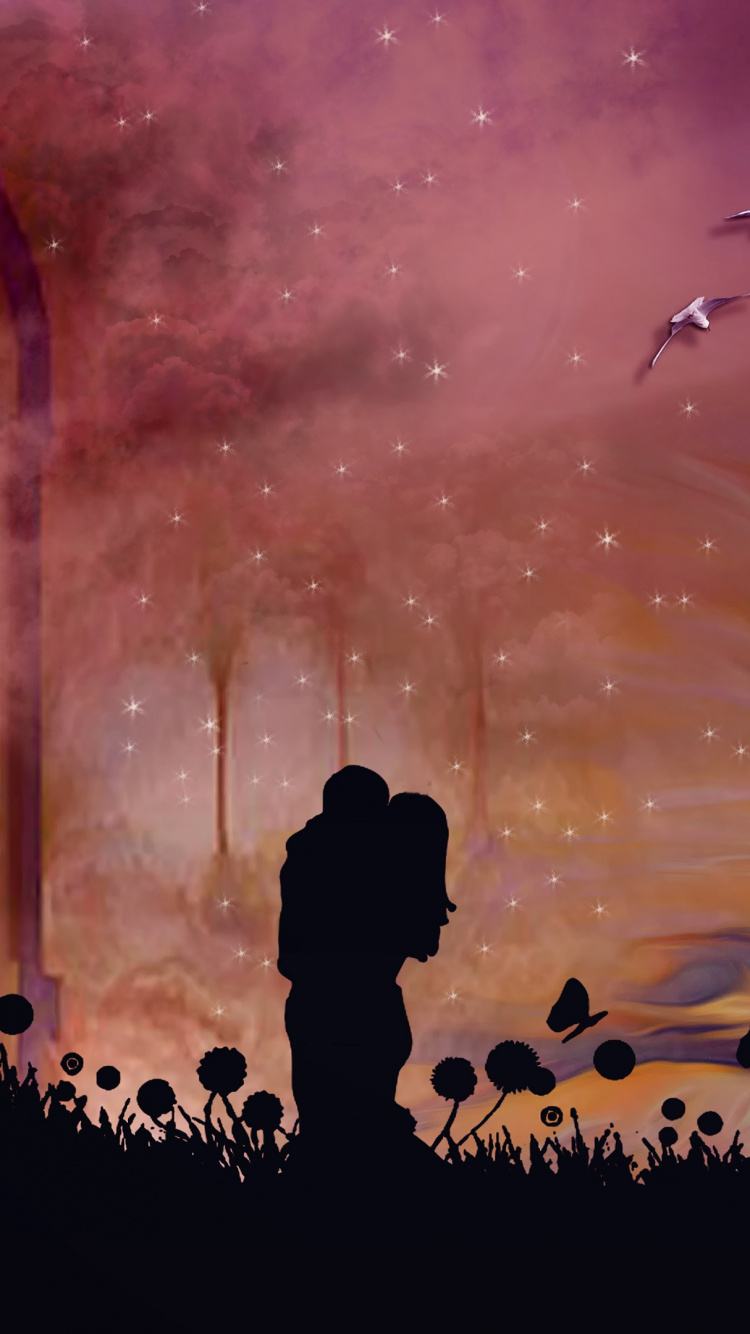 Romance, Kiss, Couple, Silhouette, Atmosphere. Wallpaper in 750x1334 Resolution
