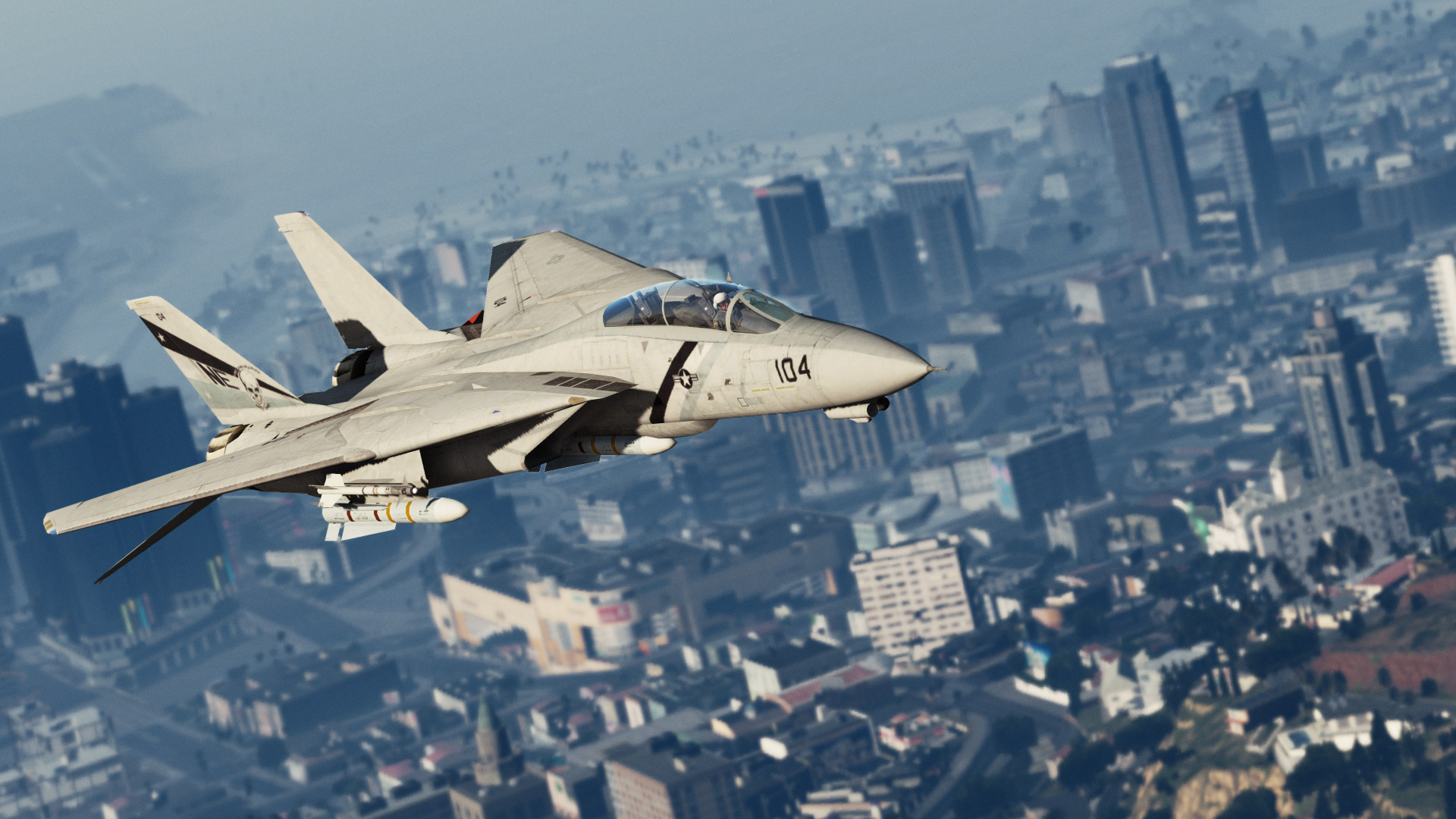 Weißes Und Graues Düsenflugzeug, Das Tagsüber Über Stadtgebäude Fliegt. Wallpaper in 1920x1080 Resolution