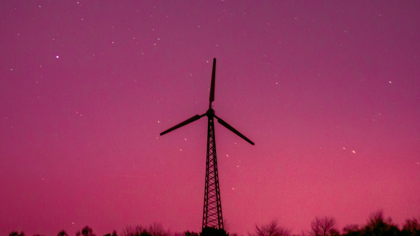 Silueta de Molino de Viento Bajo el Cielo Púrpura. Wallpaper in 1366x768 Resolution
