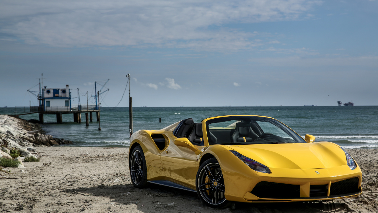 Yellow Ferrari 458 Italia on Beach During Daytime. Wallpaper in 1280x720 Resolution