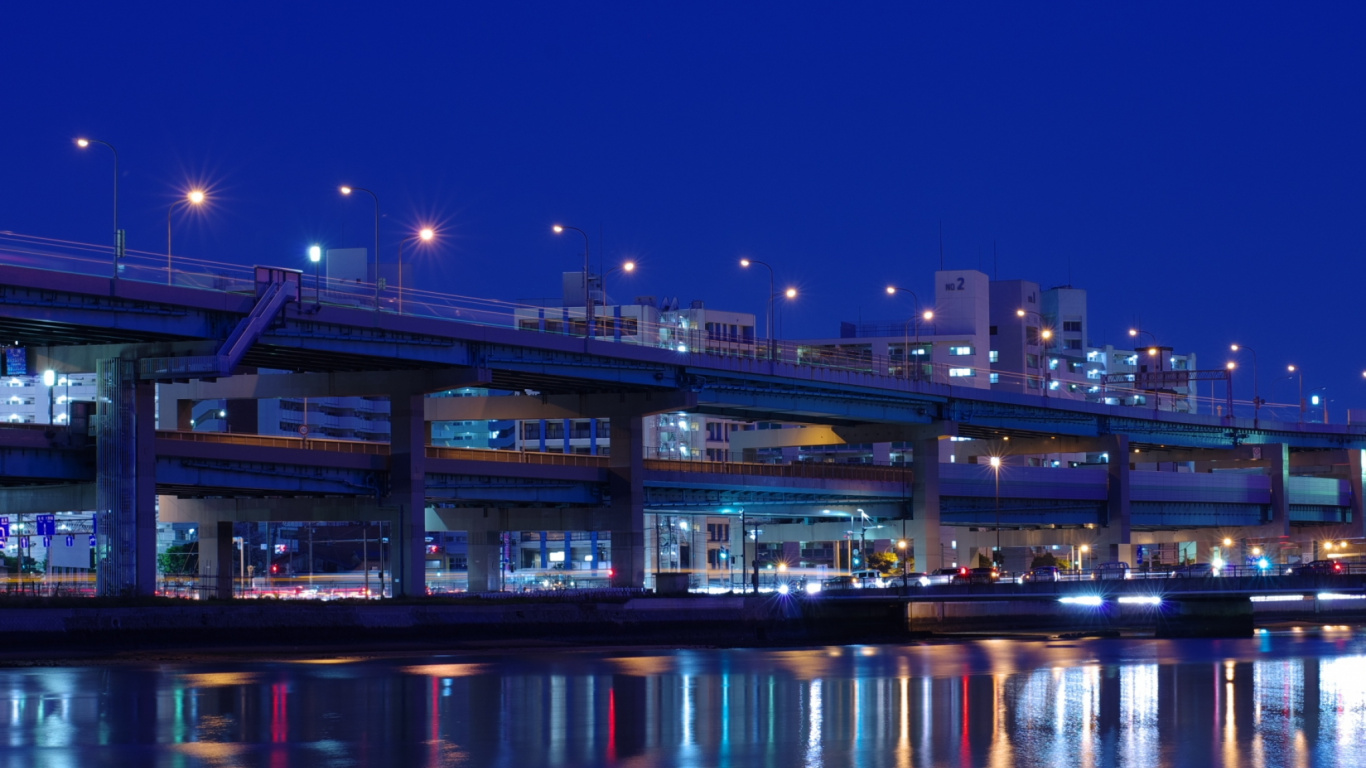 City Lights Turned on During Night Time. Wallpaper in 1366x768 Resolution