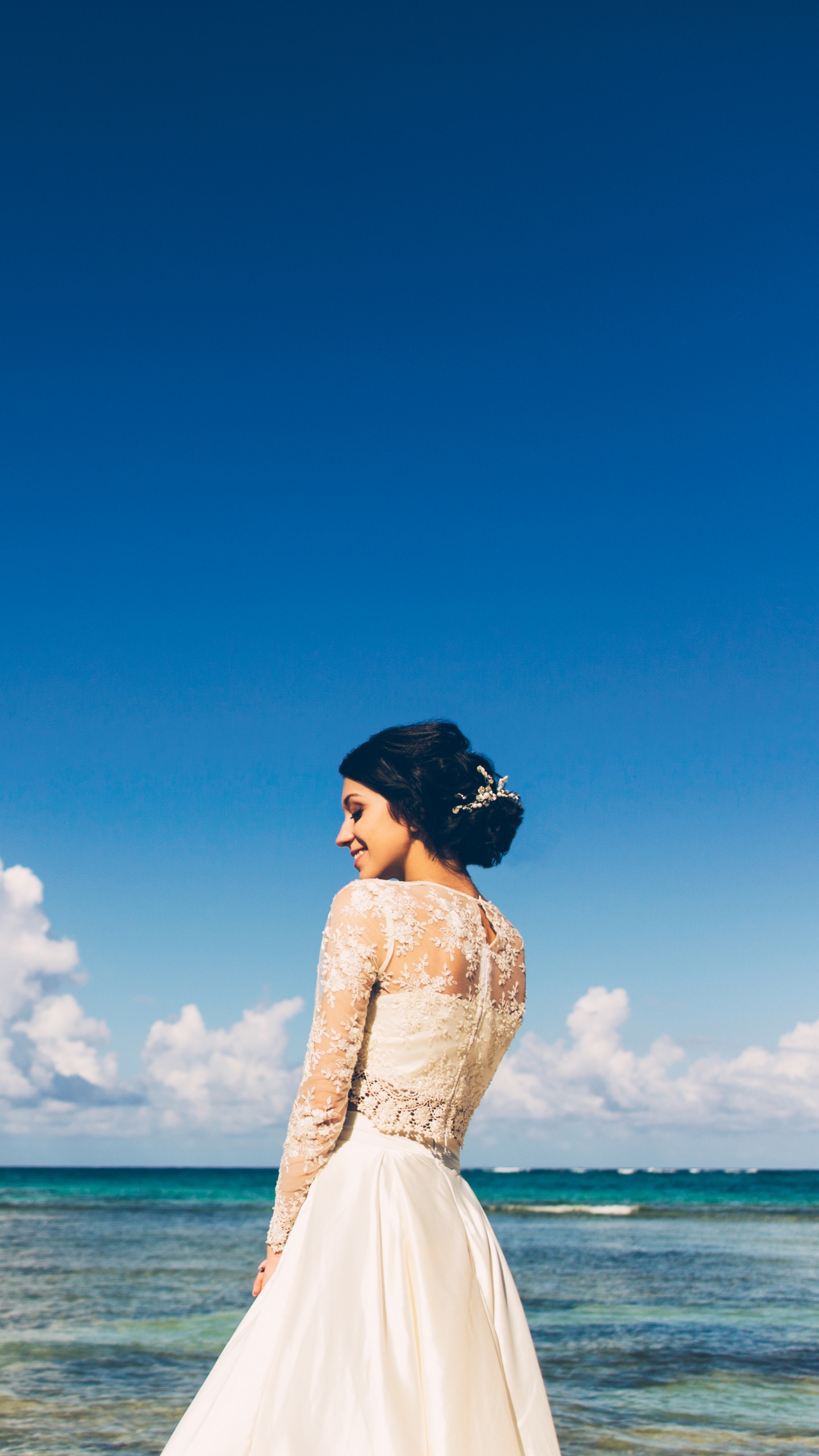 Mar, Azul, Vestido, Vestido de Novia, Boda. Wallpaper in 1440x2560 Resolution