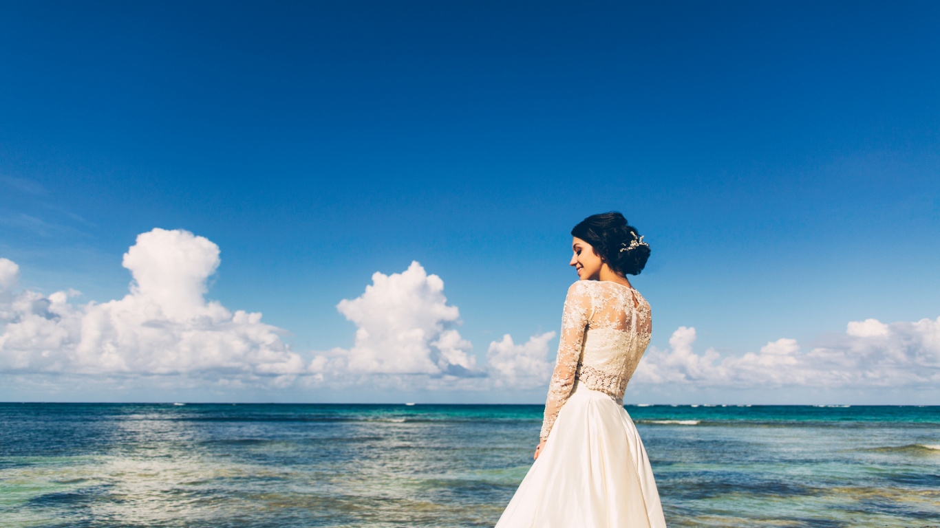 Sea, Blue, Dress, Cloud, Wedding Dress. Wallpaper in 1366x768 Resolution