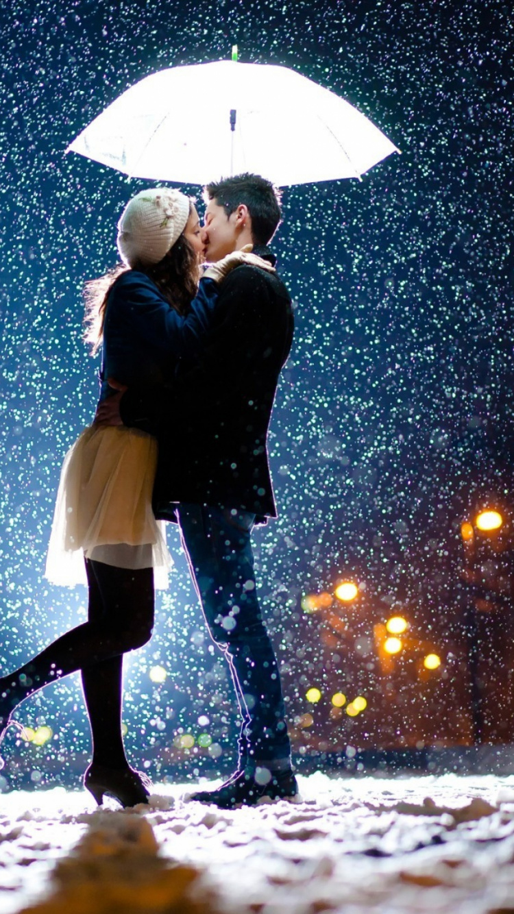 Romantik, Kuss, Ehepaar, Schnee, Liebe. Wallpaper in 750x1334 Resolution