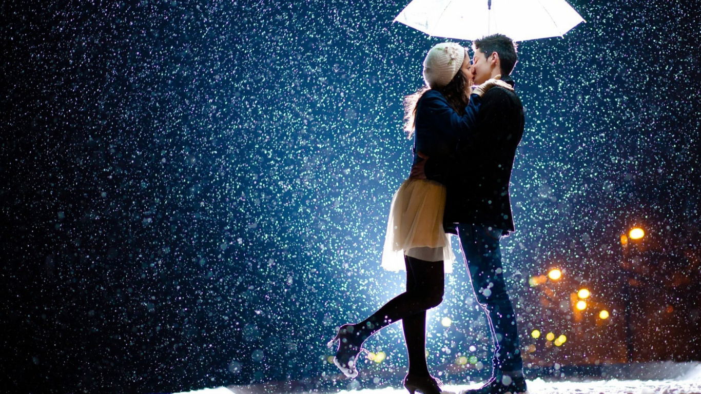 Romance, Kiss, Couple, Snow, Love. Wallpaper in 1366x768 Resolution