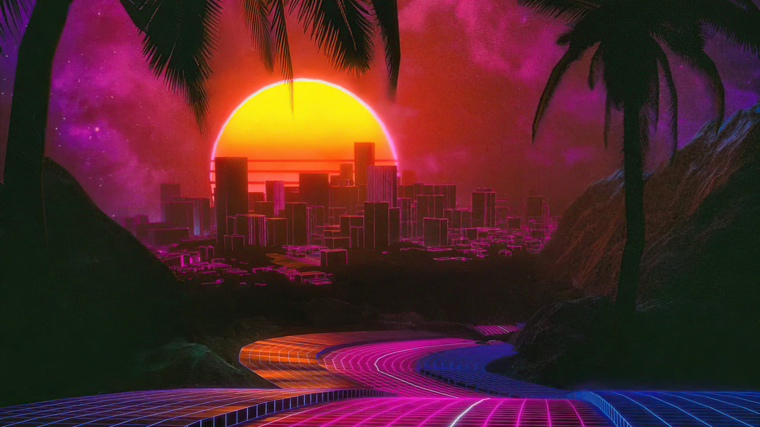 Synthwave, Lumière, Purple, Bâtiment, Éclairage. Wallpaper in 2560x1440 Resolution