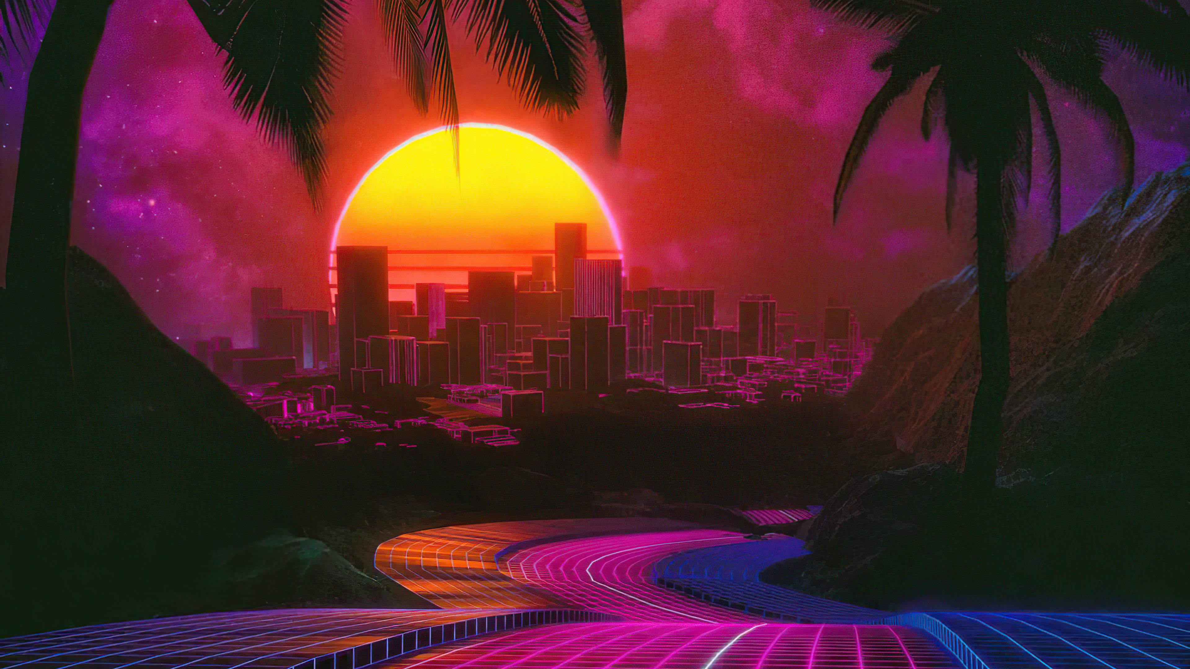 Synthwave, World, Light, Purple, Building. Wallpaper in 3840x2160 Resolution