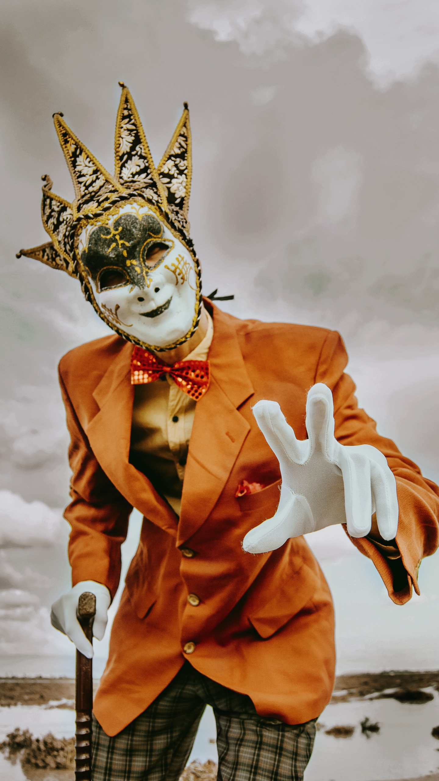 Personne en Costume Orange Avec Masque Blanc. Wallpaper in 1440x2560 Resolution