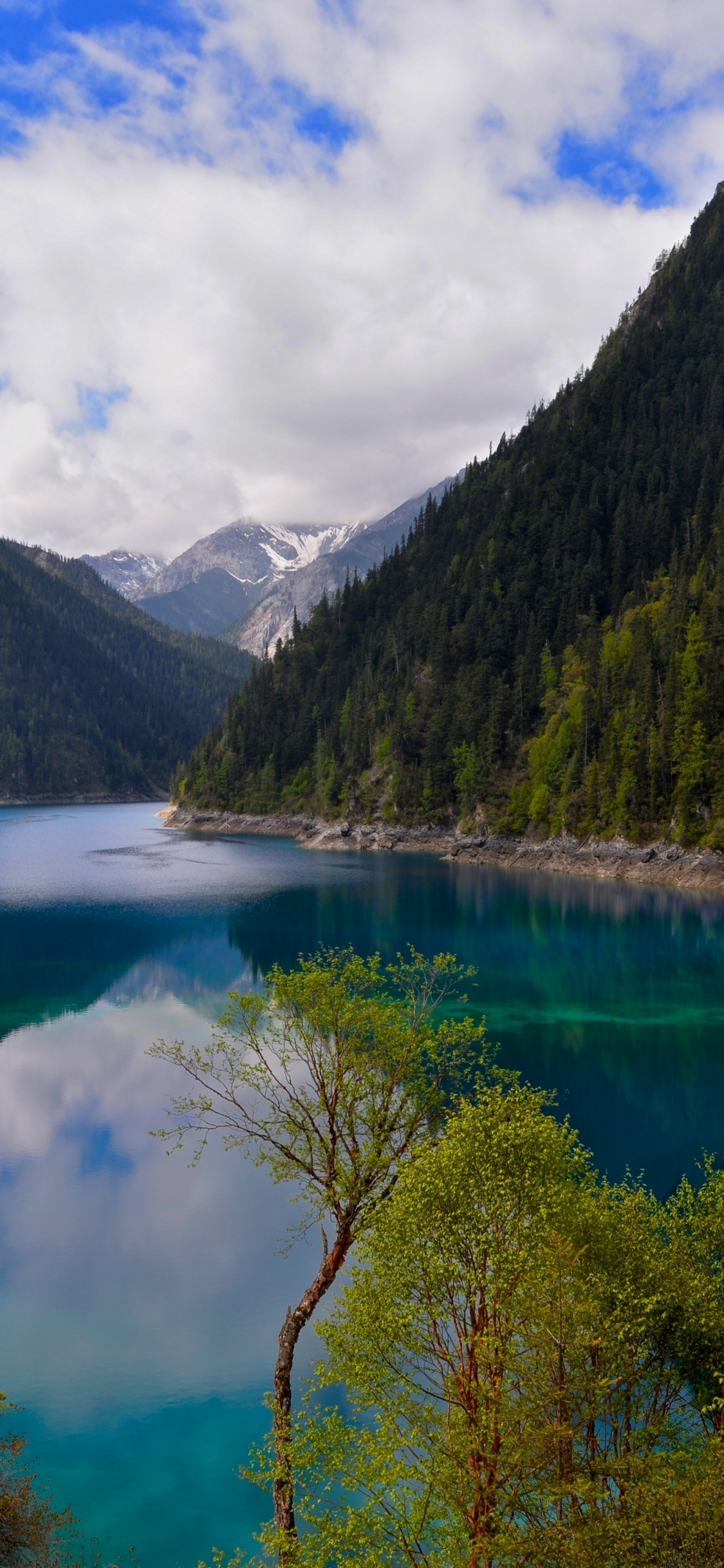 Montañas Verdes Junto al Lago Bajo un Cielo Azul y Nubes Blancas Durante el Día. Wallpaper in 1125x2436 Resolution