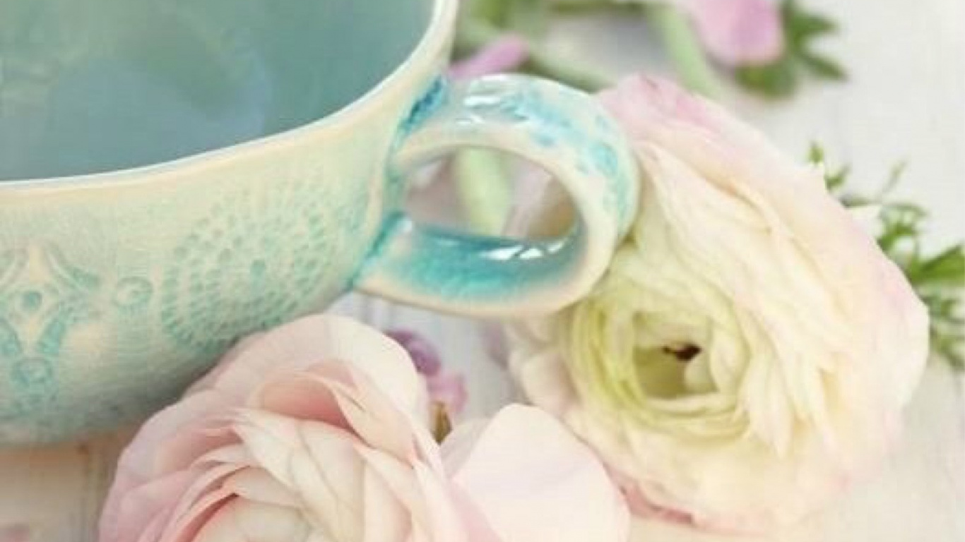 White and Blue Floral Ceramic Teacup on Saucer Beside Pink Roses. Wallpaper in 1366x768 Resolution