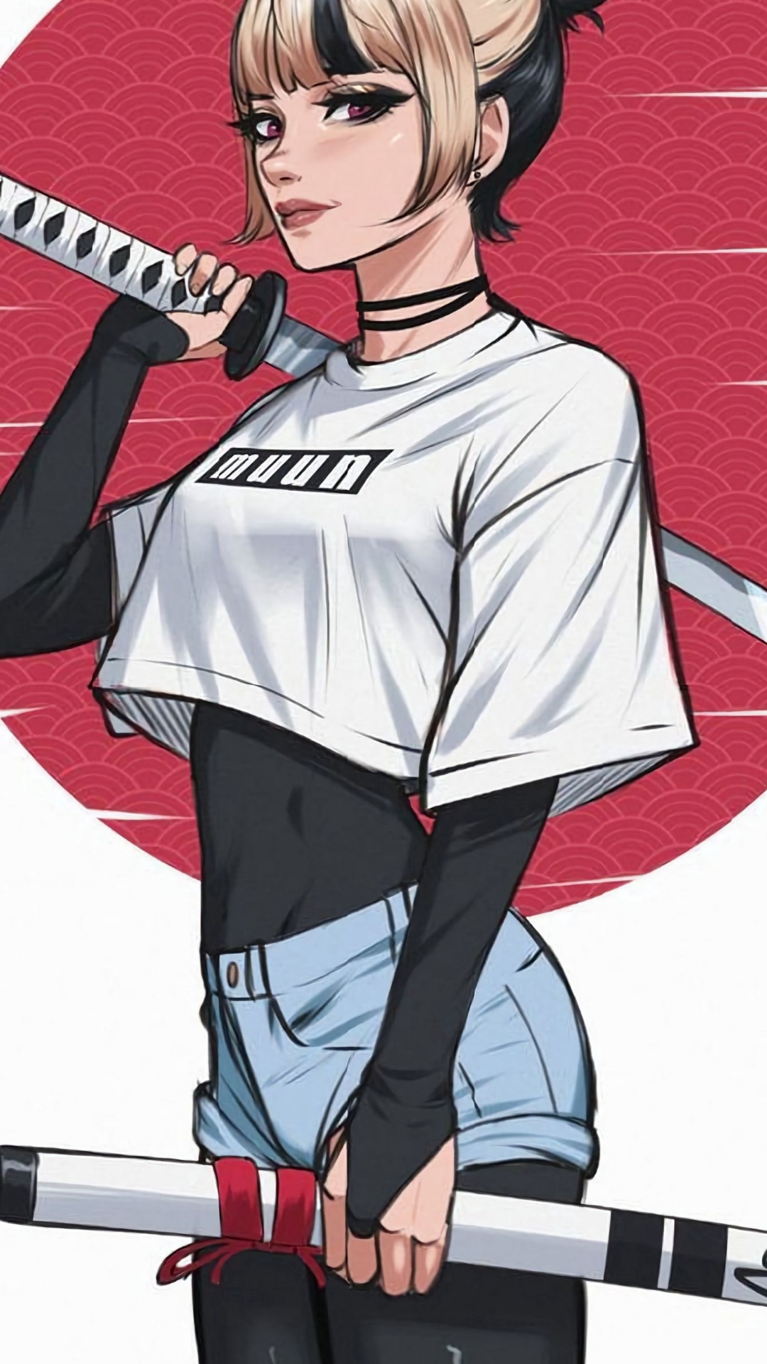 Katana-Mädchen-Kunst, Katana, Kunst, Malerei, T-shirt. Wallpaper in 1080x1920 Resolution