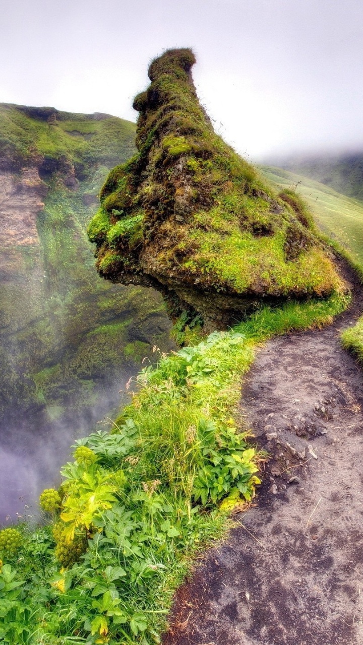 Waterfalls on Green Moss Covered Mountain. Wallpaper in 720x1280 Resolution