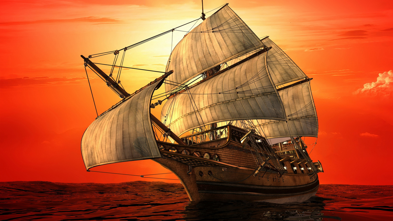 Braunes Segelschiff Auf See Bei Sonnenuntergang. Wallpaper in 1366x768 Resolution