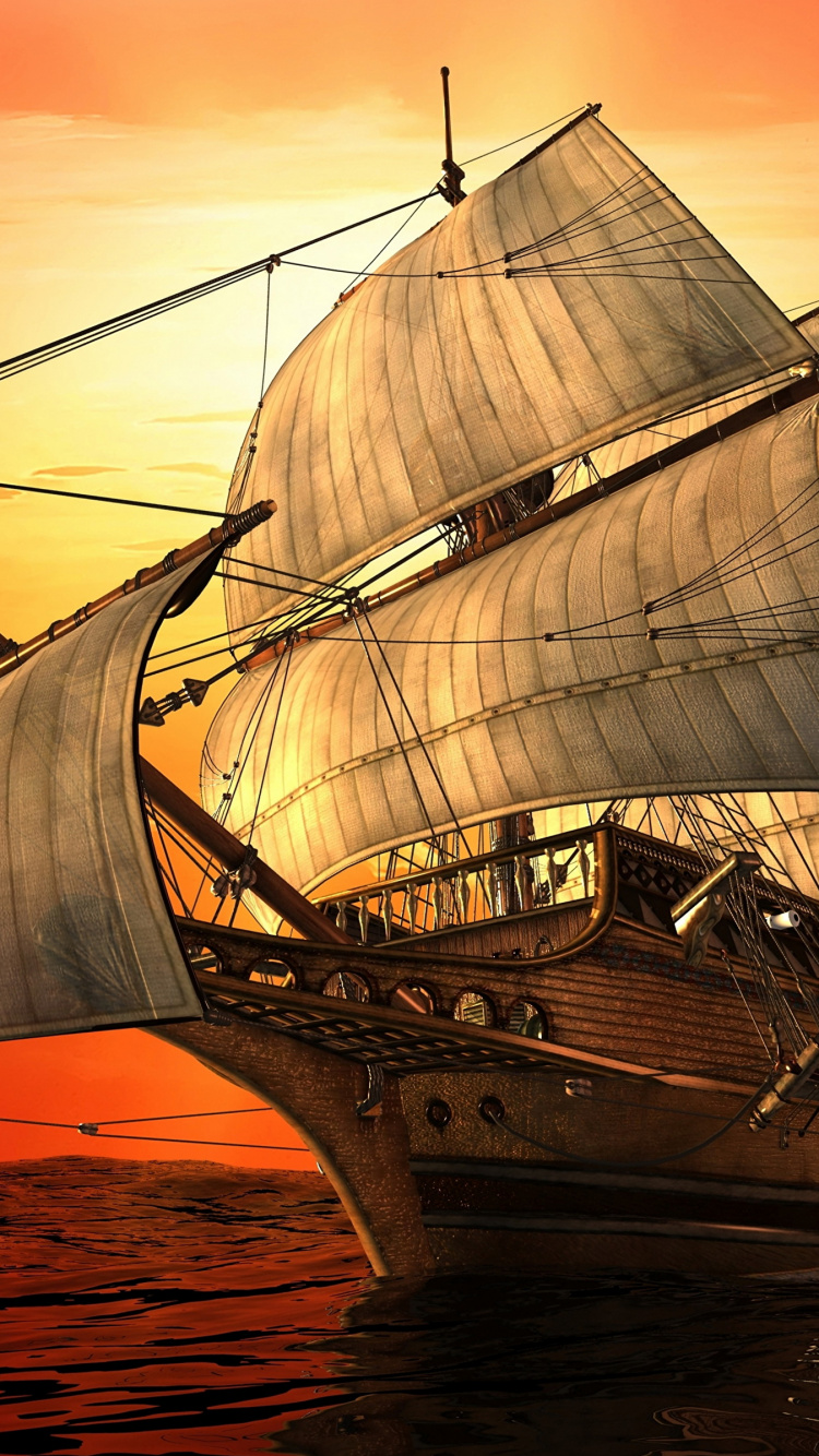 Brown Sail Ship on Sea During Sunset. Wallpaper in 750x1334 Resolution
