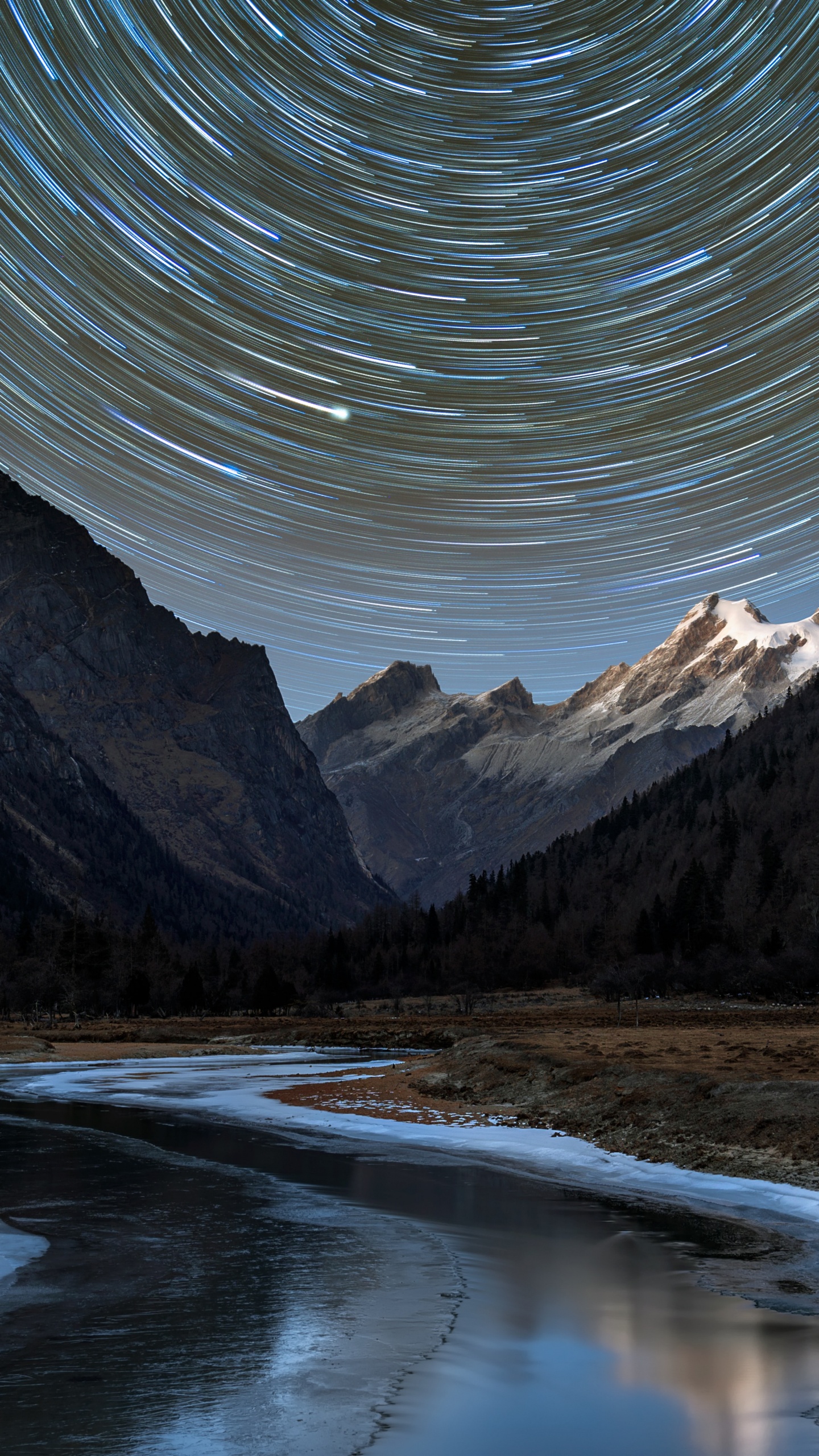 Berg Siguniang, Star Trail, Wandteppich, Licht, Wasser. Wallpaper in 1440x2560 Resolution