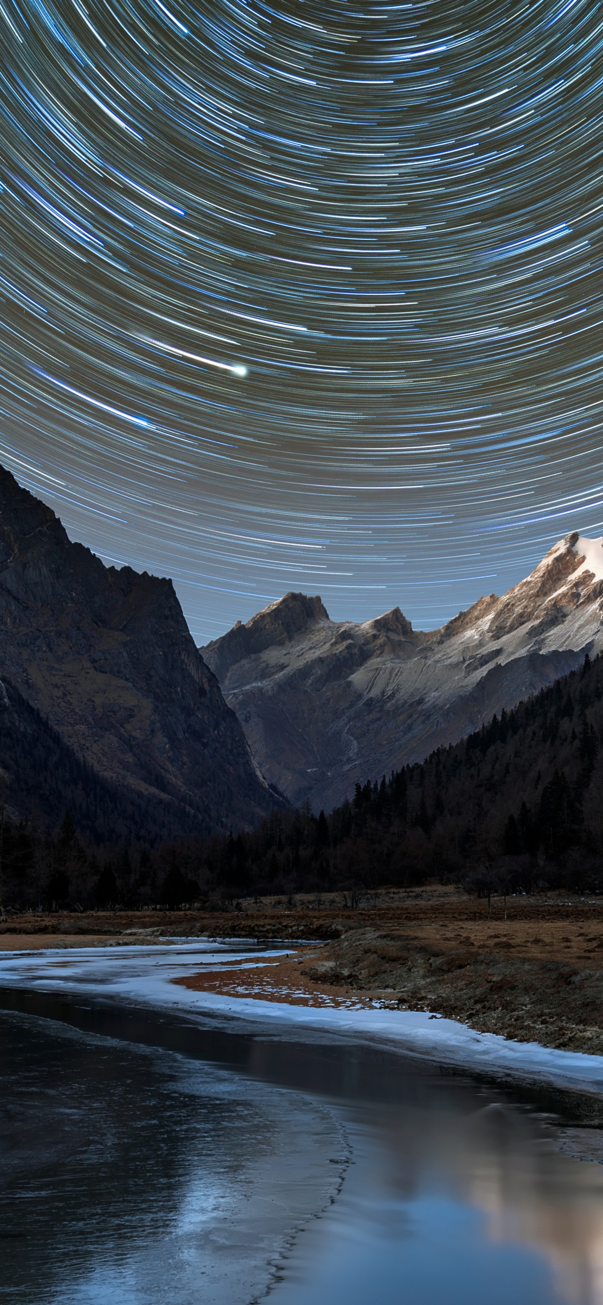 Mount Siguniang, Star Trail, Tapestry, Light, Water. Wallpaper in 1242x2688 Resolution