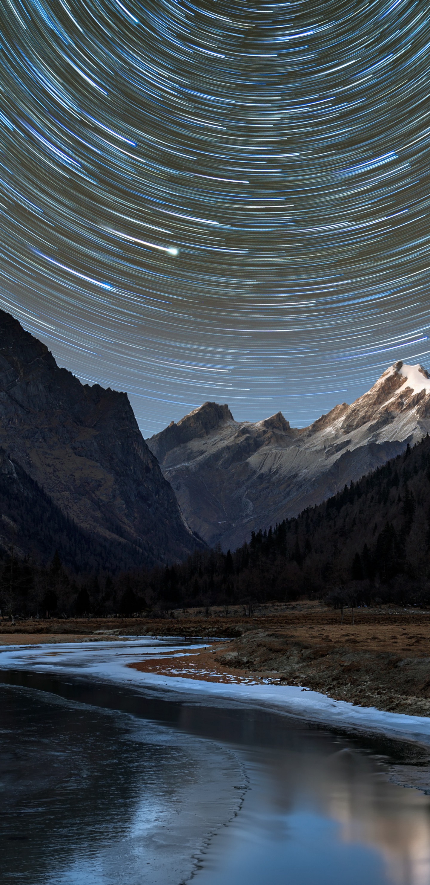 Mount Siguniang, Star Trail, Tapestry, Light, Water. Wallpaper in 1440x2960 Resolution