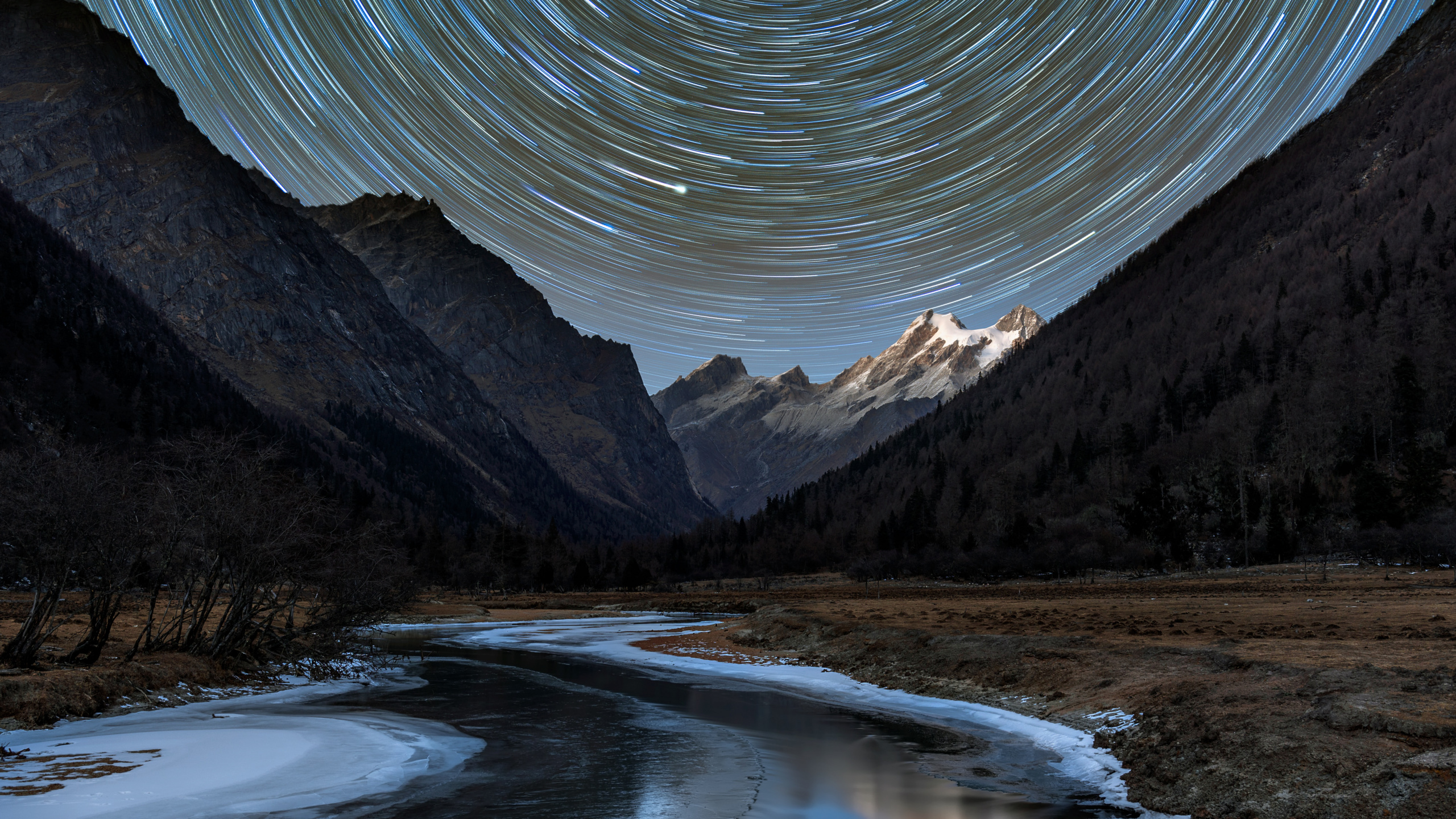 Mount Siguniang, Star Trail, Tapestry, Light, Water. Wallpaper in 2560x1440 Resolution