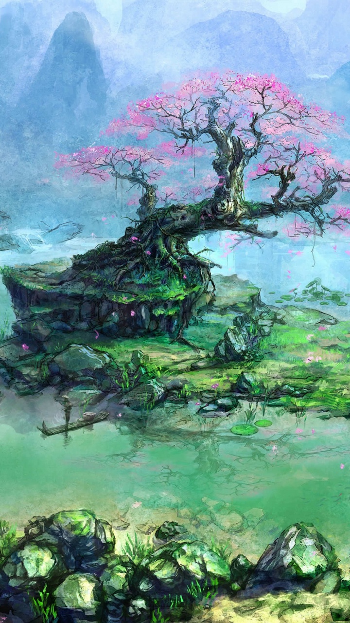 Green and Brown Trees Near Body of Water Painting. Wallpaper in 720x1280 Resolution