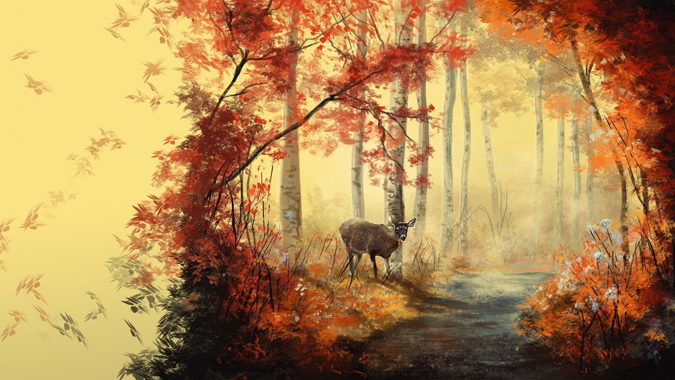 森林, 风景画, 艺术, 画布, 林地 壁纸 1366x768 允许