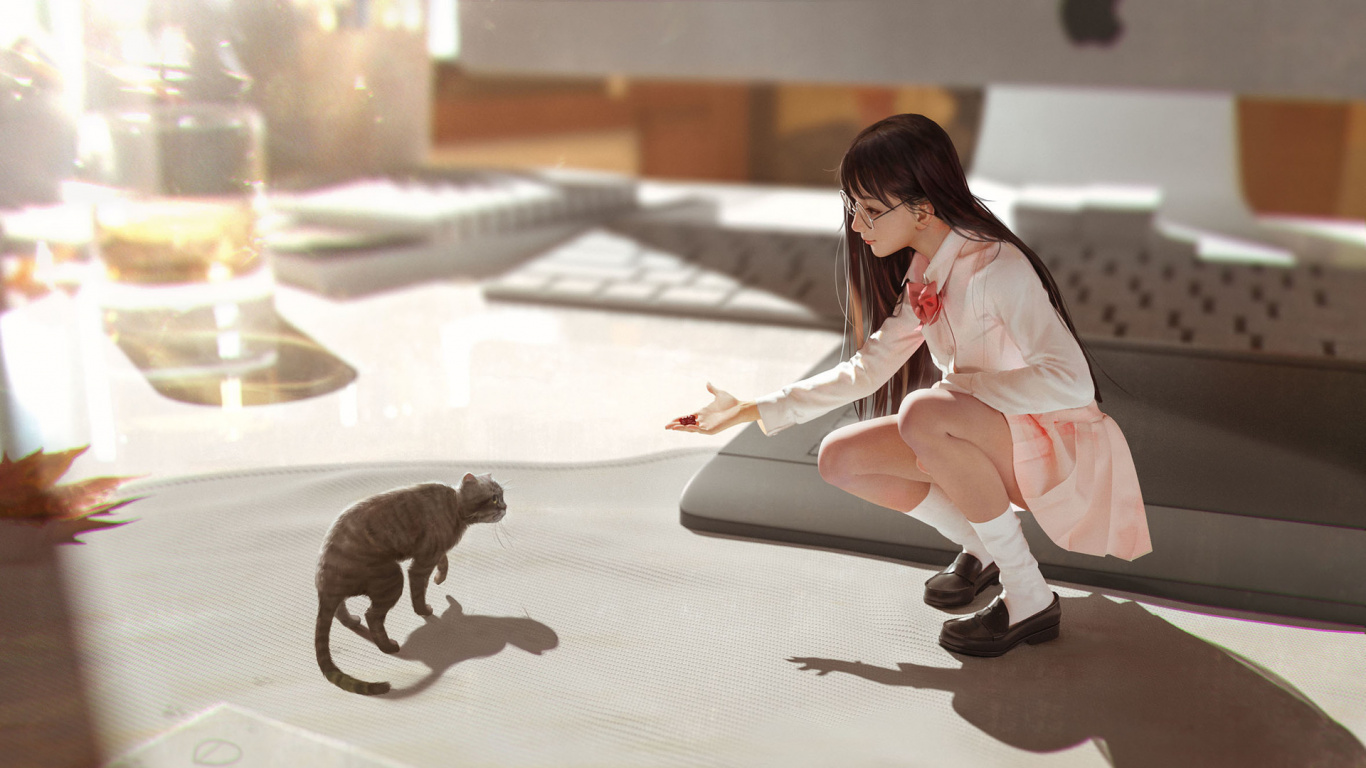 Femme en Chemise Blanche et Pantalon Noir Assis Sur le Sol Avec un Chat Gris. Wallpaper in 1366x768 Resolution